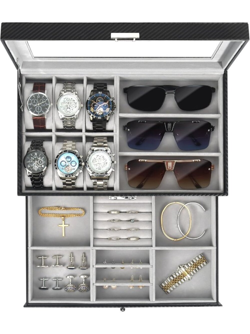Men's Jewelry Box Organizer - 6 Watch Slots & 3 Sunglasses Compartments - Grey